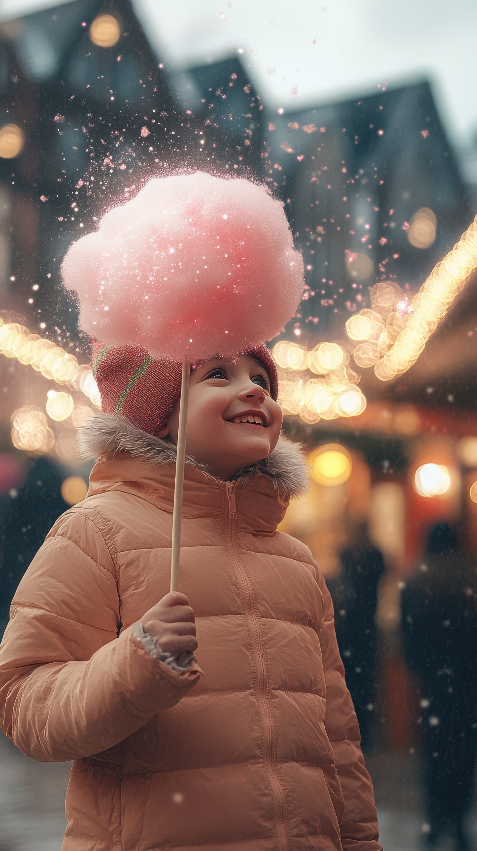 Child enjoying cotton candy during a festive evening celebration in a vibrant market